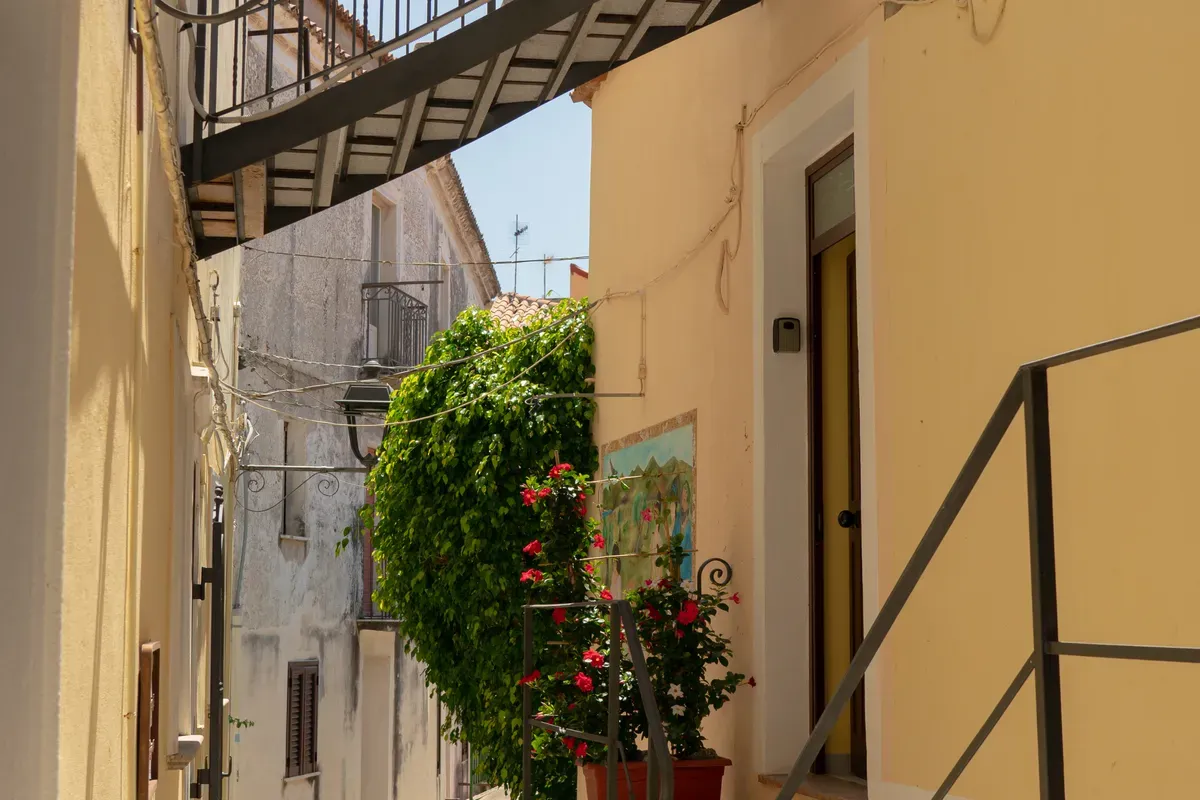 Callejón estrecho con pasarela elevada, enredadera y flores rojas en maceta